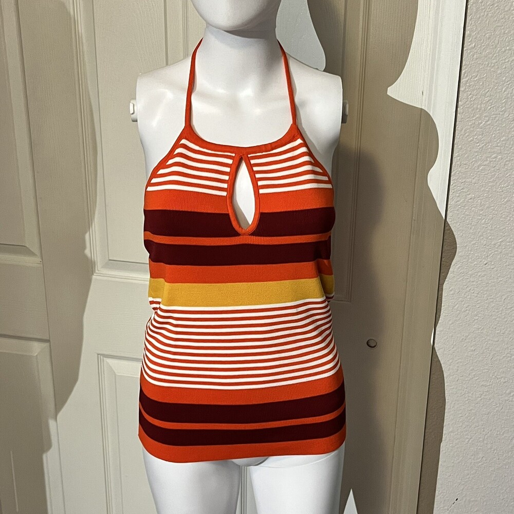 New York & Company Sunburst Halter Keyhole Striped Women Vintage Top